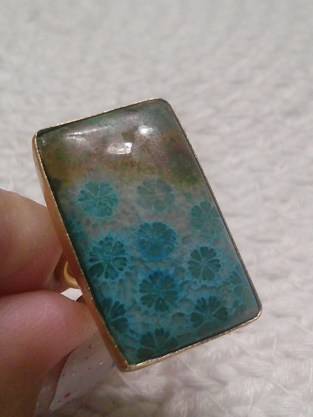 Gorgeous BLUE FOSSIL CORAL Handmade Gold Ring Size 5.75 #158F